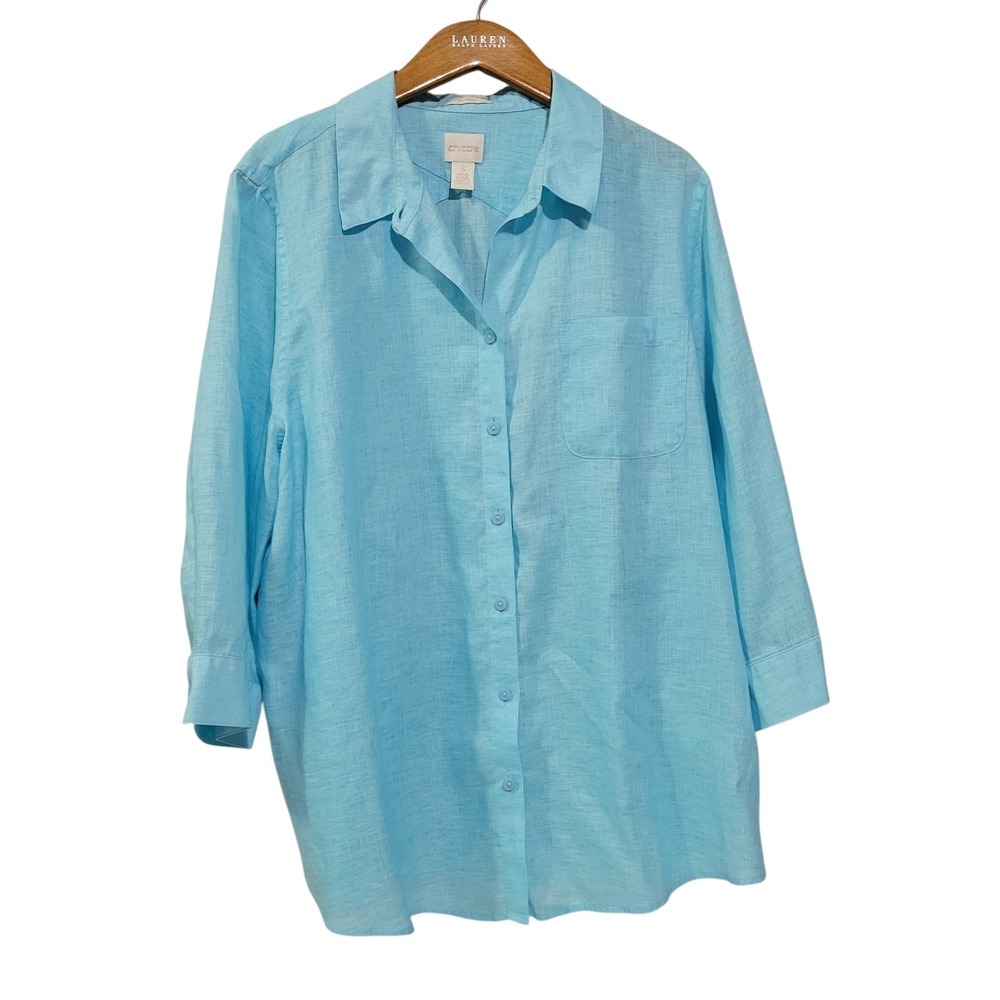 Chicos 100% Linen Tunic Top Womens XL Blue Buttons Mature Beach Vacation
